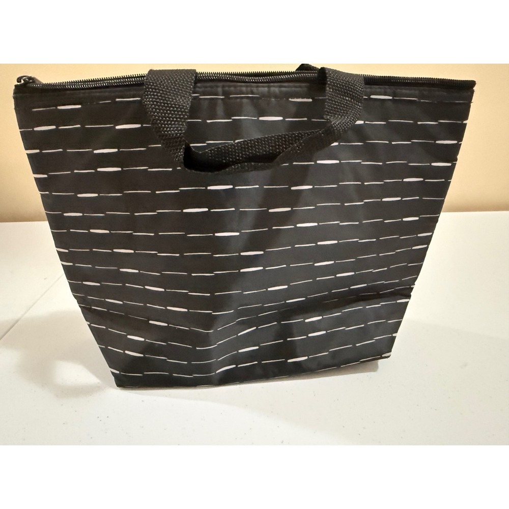Thirty-One Thermal Lunch Bag Black White Dash Insulated Zipper Tote Pouch